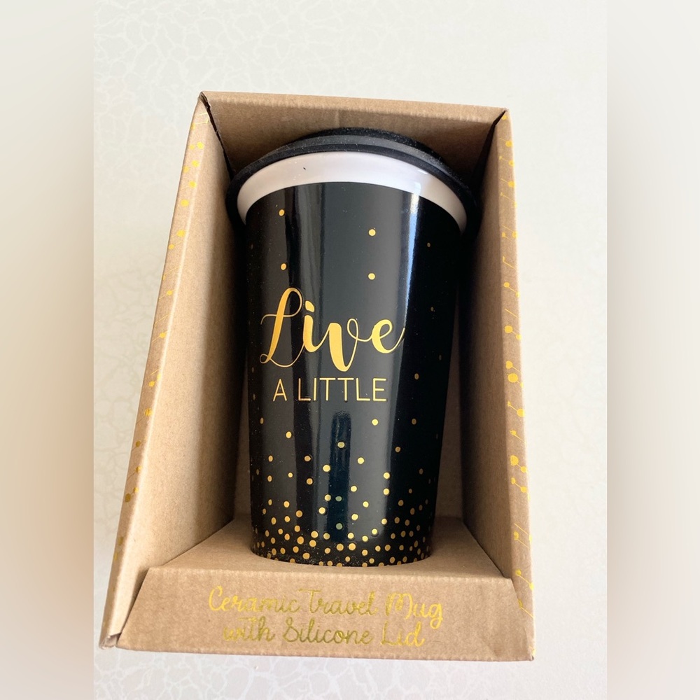 Live A Little Black & Gold Travel Mug with Silicone Lid